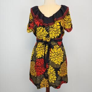 Leifsdottir Floral Silk Cathedral Garden Dress 12 Yellow Red Ruffle V-neck Retro